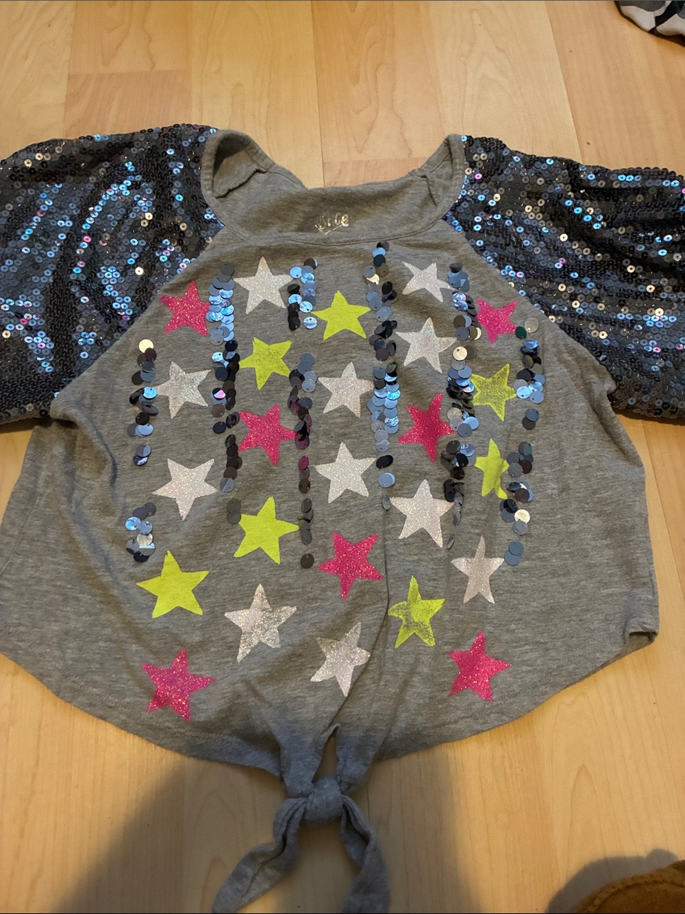 Justice Grey Tee with Neon & Metallic Stars and Sequin Raglan Sleeves